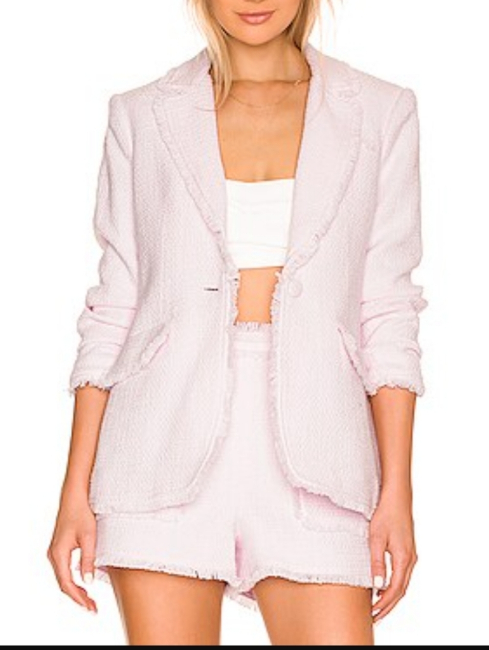 Cinq à Sept 'Allen' Cotton-Tweed Fringe-Trim Shorts, Cherry Blossom